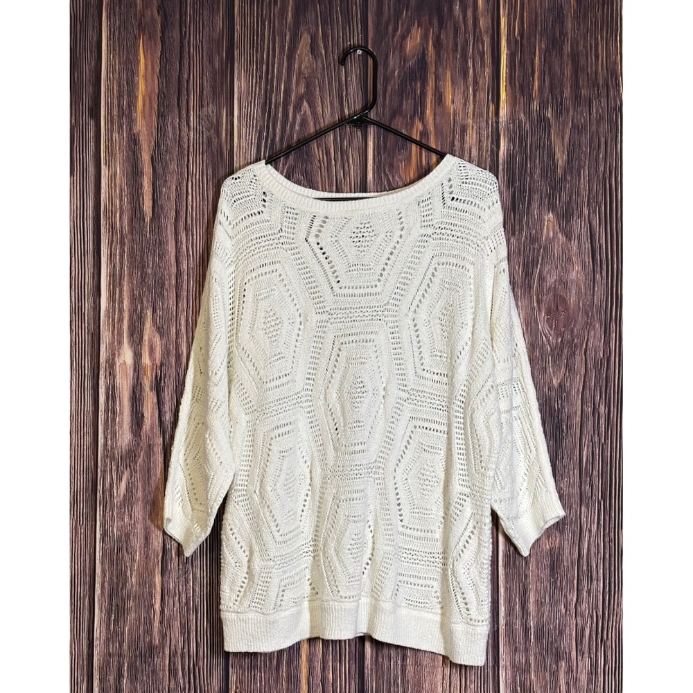 J. Jill Womens Sweater Size XL Cream Crochet Open Knit Weave Geometric Pattern